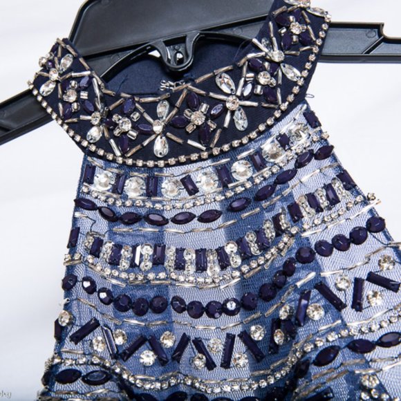 Coya Long Beaded Formal Blue Halter High Neck Keyhole Dress NWT $329 XS - Picture 2 of 14